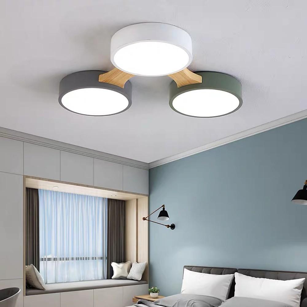 Circular Multi-Light LED Flush Mount — Wood/Bamboo and PVC, 3-Light / 4-Light / 5-Light, Dimmable 3000K–6000K, Remote Control