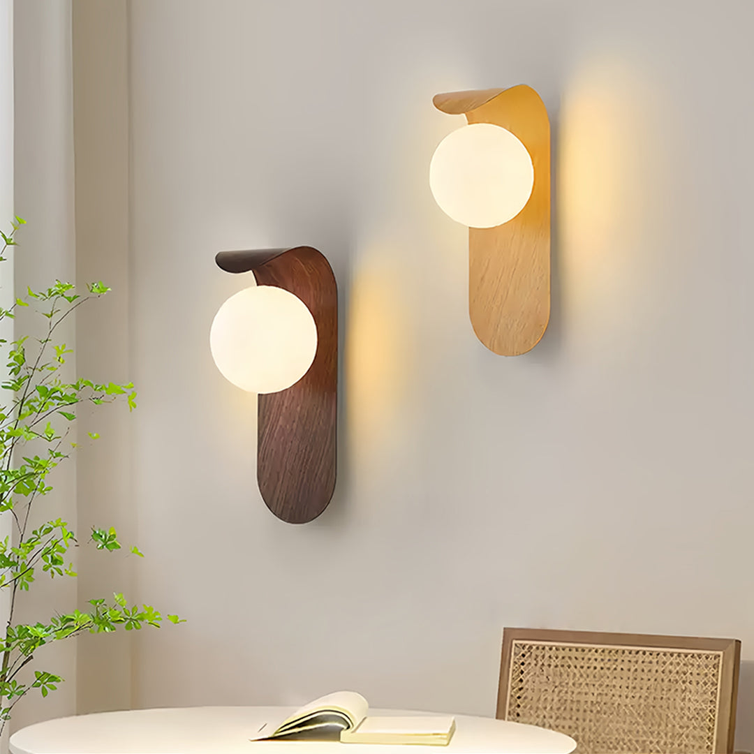 Mid-Century Minimalist Wood Grain Wall Sconce — Iron, Spherical Shade, G9, 5W, Three-Color Dimming