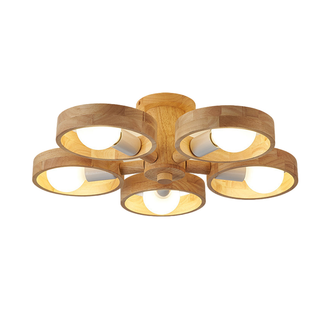 Rubberwood LED Chandelier — E27, Rotatable Shade, 3-Color Dimming, 3-Head / 5-Head / 6-Head / 8-Head