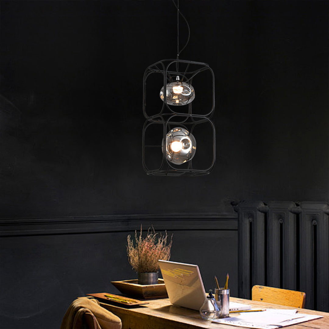 Magic Cube Caged Geometric Pendant — Black Iron, Smoked Glass, LED, 7W–28W, 1- to 4-Light