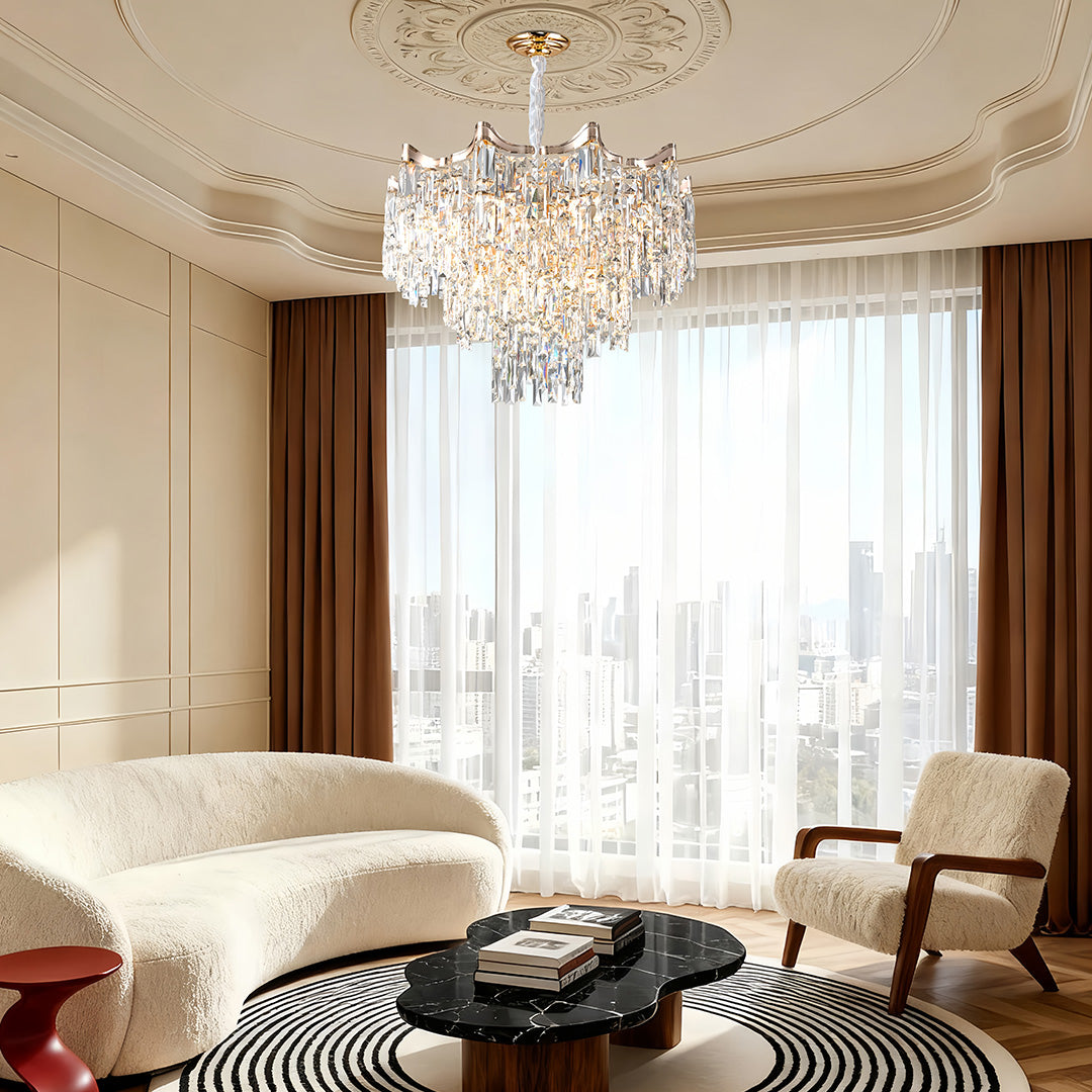 Tiered Waterfall Crystal Chandelier — Gold, K9 Crystal, Three-Color Dimming, 23.6" or 31.5"
