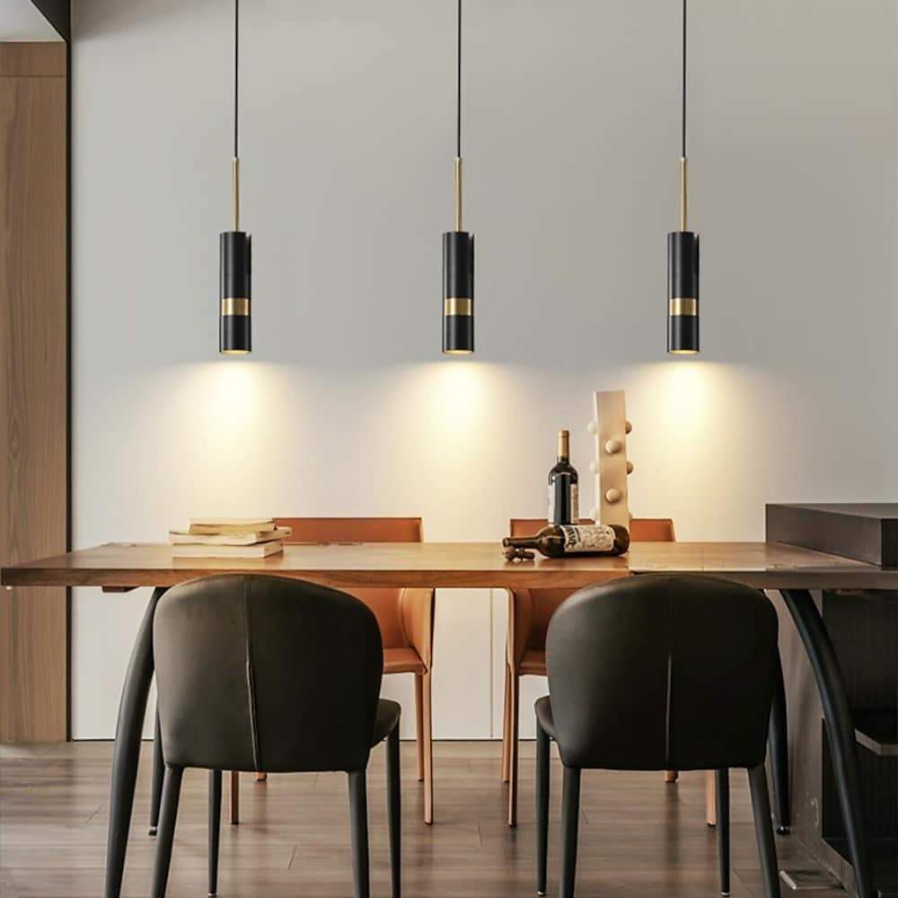 Norse-Inspired Cylindrical Mini Pendant — Black, White, or Gold Metal, 360° Rotating, 1-Light LED, 39" Adjustable Cord