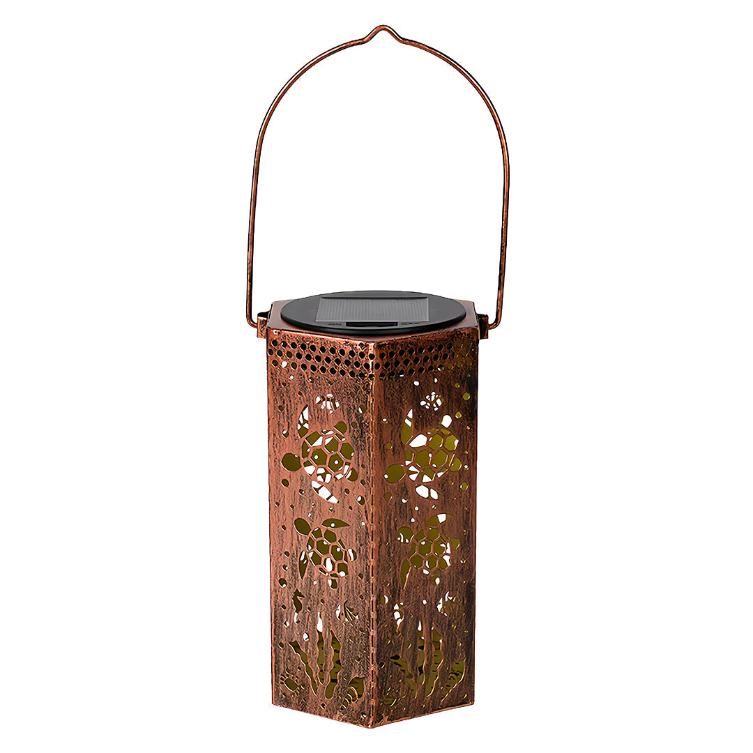 Hollow-Out Hexagonal Solar Outdoor Lantern — Copper-Red Wrought Iron, 0.5W Warm LED, IP44, 600mAh, Nature Motifs