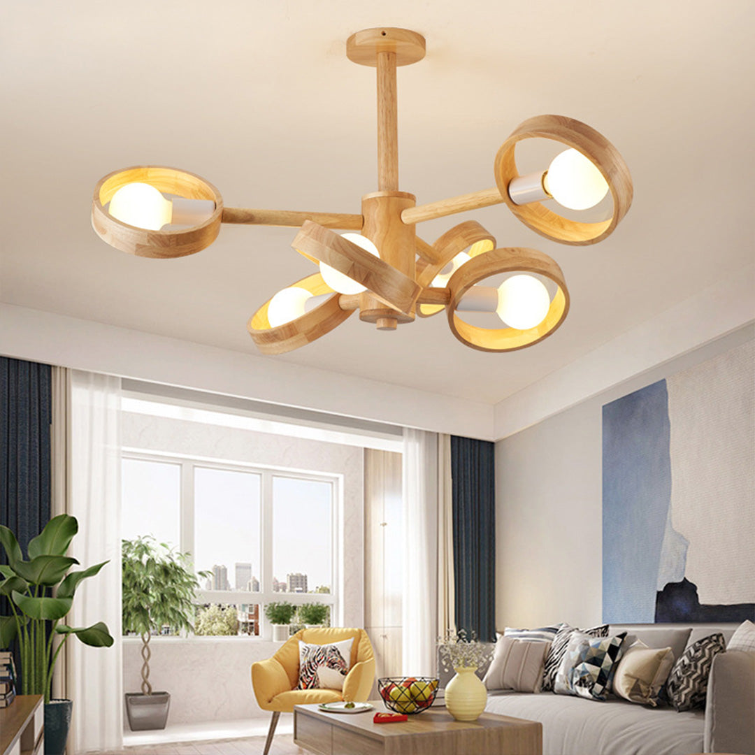 Rubberwood LED Chandelier — E27, Rotatable Shade, 3-Color Dimming, 3-Head / 5-Head / 6-Head / 8-Head