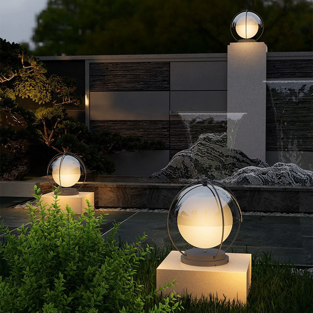 Modern Minimalist Globe Outdoor Pillar Light — Metal & PMMA, LED 3000K, Solar or Hardwired, Weatherproof
