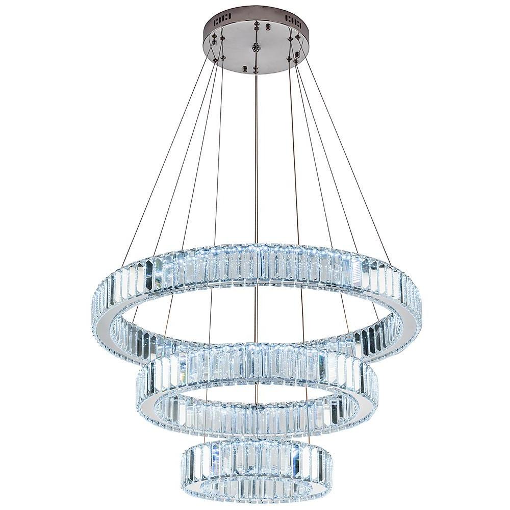 3-Tier Ring Chandelier — Polished Chrome and Crystal, LED, 28" Diameter, Adjustable Height
