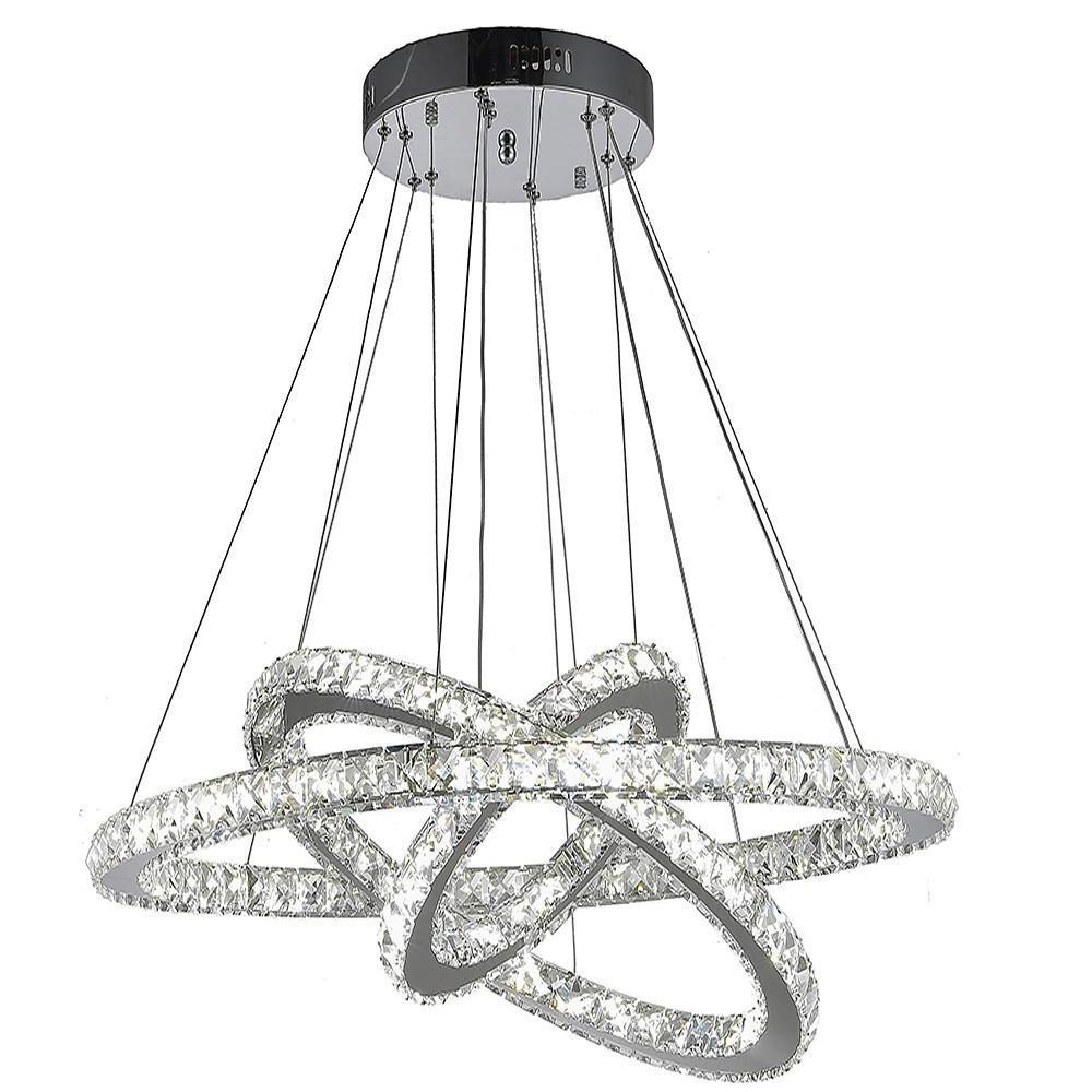 Interwoven Geometric Ring Crystal Chandelier — Chrome, Dimmable LED, 3000K/6000K, Remote Control, 28"