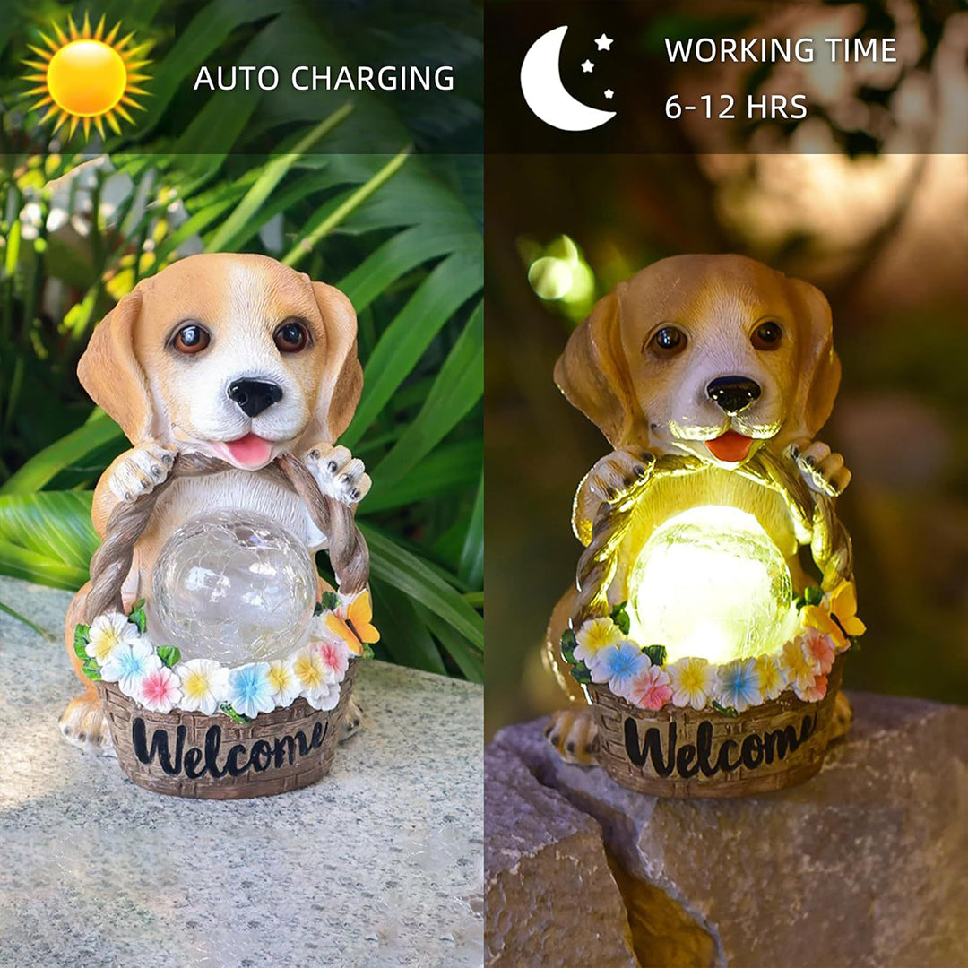 Puppy with Flower Basket Solar Garden Light — Resin, Warm White LED, IP44, Dusk-to-Dawn