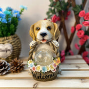 Puppy with Flower Basket Solar Garden Light — Resin, Warm White LED, IP44, Dusk-to-Dawn