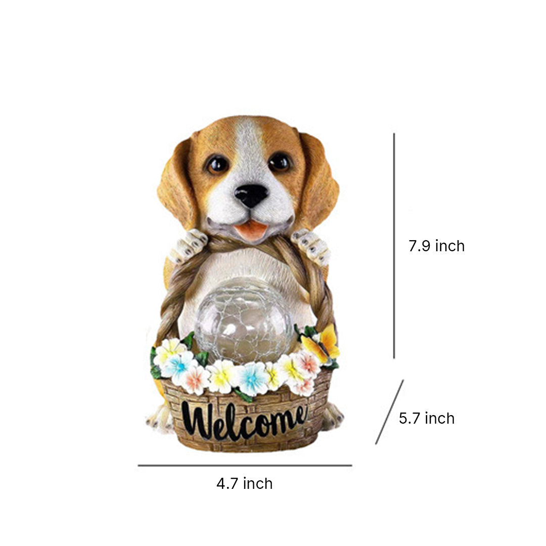 Puppy with Flower Basket Solar Garden Light — Resin, Warm White LED, IP44, Dusk-to-Dawn