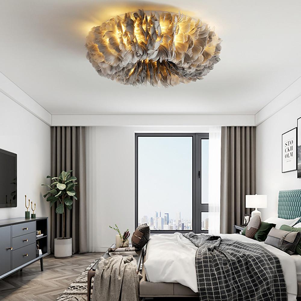 Round Feather Flush-Mount Chandelier — Metal, E27 LED, 3-Step Dimming, 6-Light or 8-Light, 20"–28"
