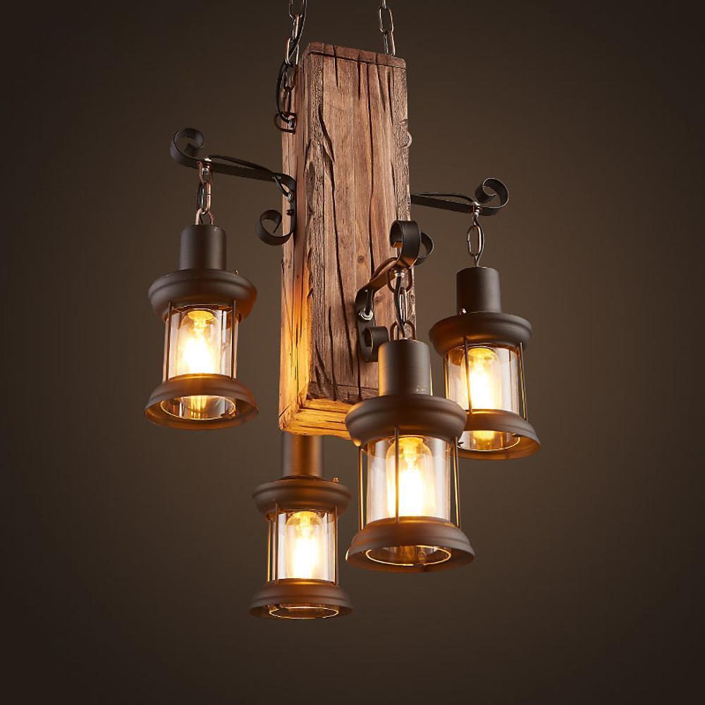 Lodge-Style Farmhouse Chandelier — Wood and Bamboo, 4-Light Lantern, 18" Diameter, Adjustable 20" Chain