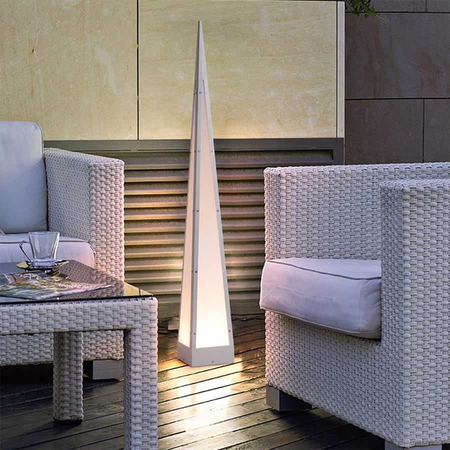 Pyramid Geometric Outdoor Floor Lamp — Stainless Steel, USB Rechargeable, 2W LED, IP54, 3000K Warm White