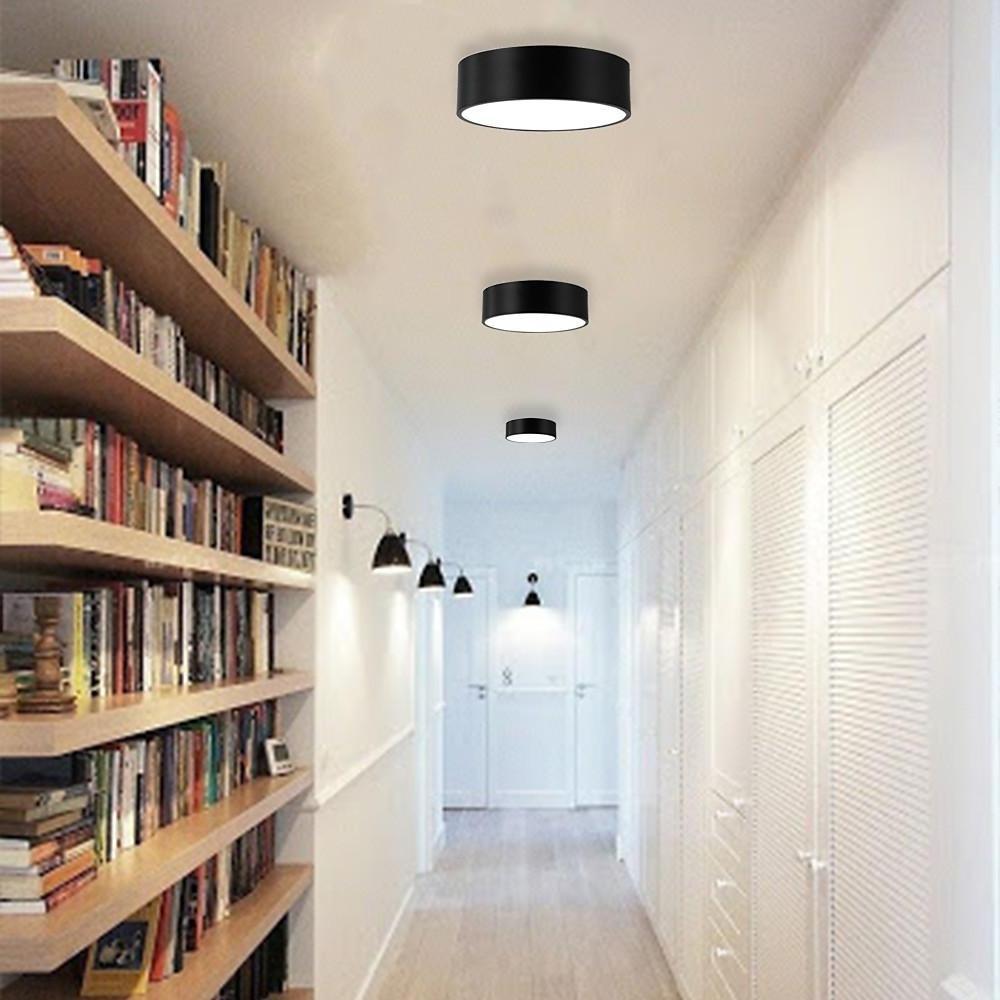 Cylindrical LED Flush-Mount Ceiling Light — Black Metal, 9" Diameter, Three-Step Dimming (3000K/4500K/6000K)