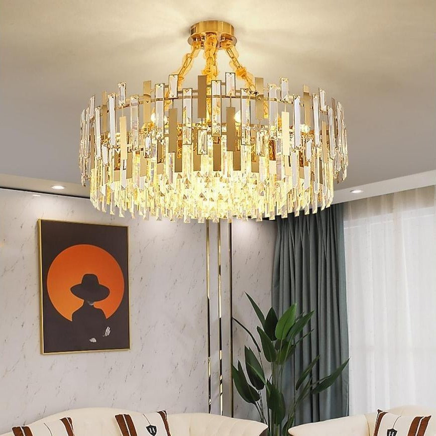 Modern Crystal Chandelier — Gold Metal Frame, Adjustable Height, 9, 12, or 17-Light, 110–120V