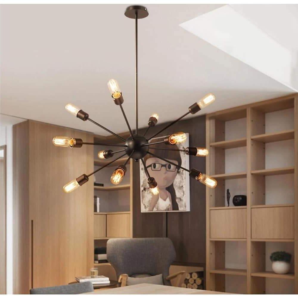 Sputnik Chandelier — Metal, Chrome or Black, 12-Light, 60W, 28" Adjustable Cord, Dining Room / Kitchen