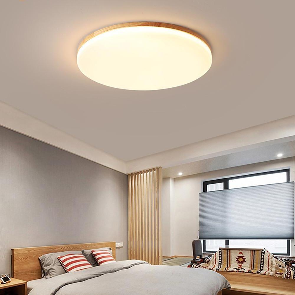 Circular Minimalist Flush-Mount Ceiling Light — Wood and Acrylic, LED, 3000K/6000K, Dimmable with Remote, 10"–19"