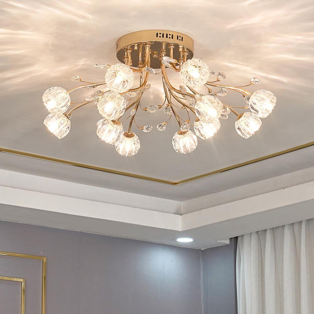 Crystal Cluster Globe Flush-Mount — Gold, Glass, LED, 12- or 15-Light, 31", 3000K