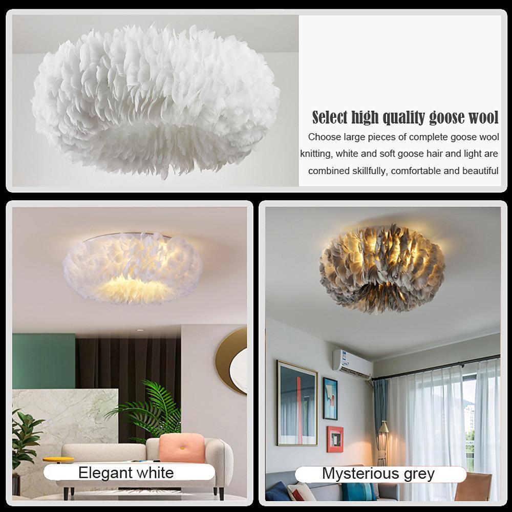 Round Feather Flush-Mount Chandelier — Metal, E27 LED, 3-Step Dimming, 6-Light or 8-Light, 20"–28"