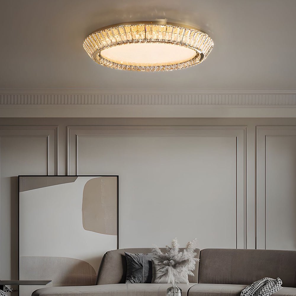 Flush Mount Titanium Gold Ceiling Light - Quicksand Drum Crystal Chandelier