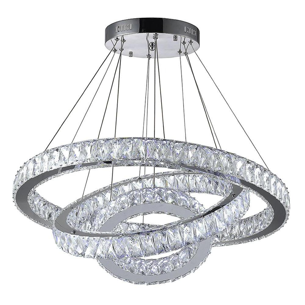 Interwoven Triple-Ring Crystal Chandelier — Silver Electroplated Metal, 31" Diameter, 78W LED Dimmable, 3000K–6000K