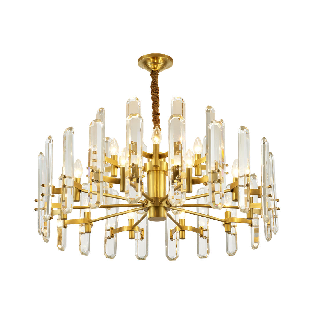 Modern Geometric Brass Chandelier — Solid Brass, Transparent Glass, E14, 4 Sizes