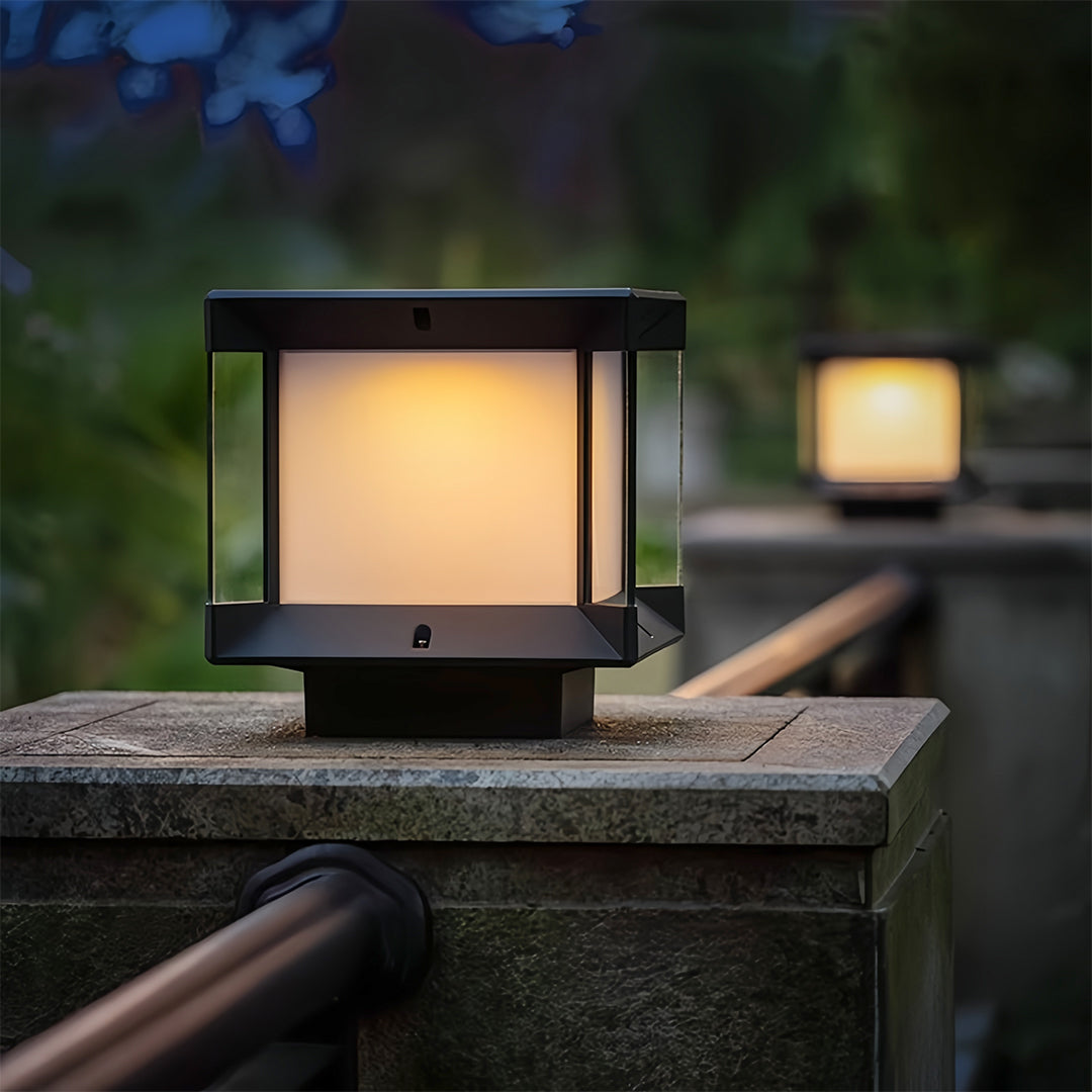 Modern Minimalist Outdoor Pillar Light — Black Aluminum, Clear Glass, Solar / Hardwired, IP65, LED E27, 3 Sizes
