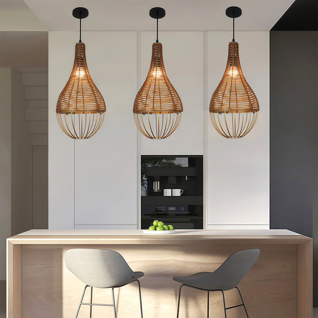 Retro Industrial Rattan Pendant — Brown Iron Frame, Handwoven Shade, 59.1" Adjustable Chain, LED E27, 7W, Warm White