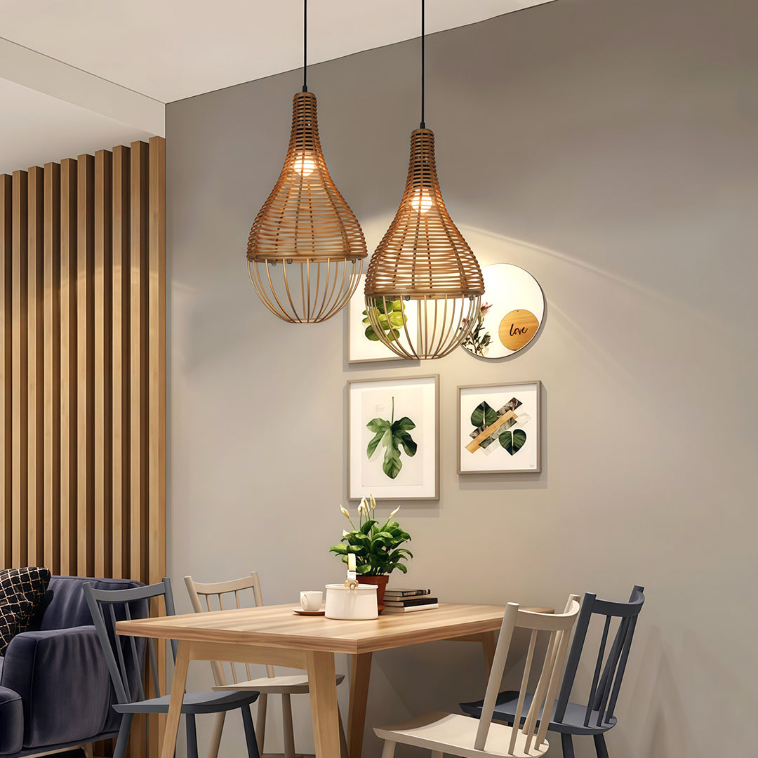 Retro Industrial Rattan Pendant — Brown Iron Frame, Handwoven Shade, 59.1" Adjustable Chain, LED E27, 7W, Warm White