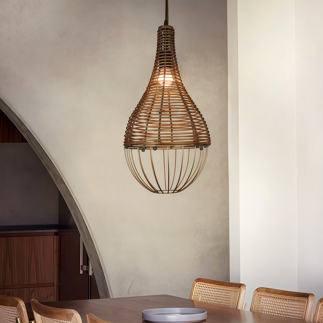 Retro Industrial Rattan Pendant — Brown Iron Frame, Handwoven Shade, 59.1" Adjustable Chain, LED E27, 7W, Warm White