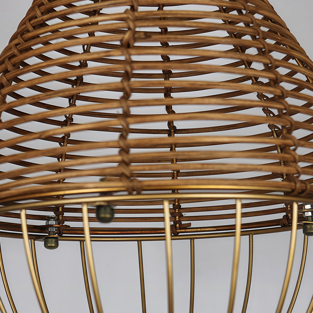 Retro Industrial Rattan Pendant — Brown Iron Frame, Handwoven Shade, 59.1" Adjustable Chain, LED E27, 7W, Warm White