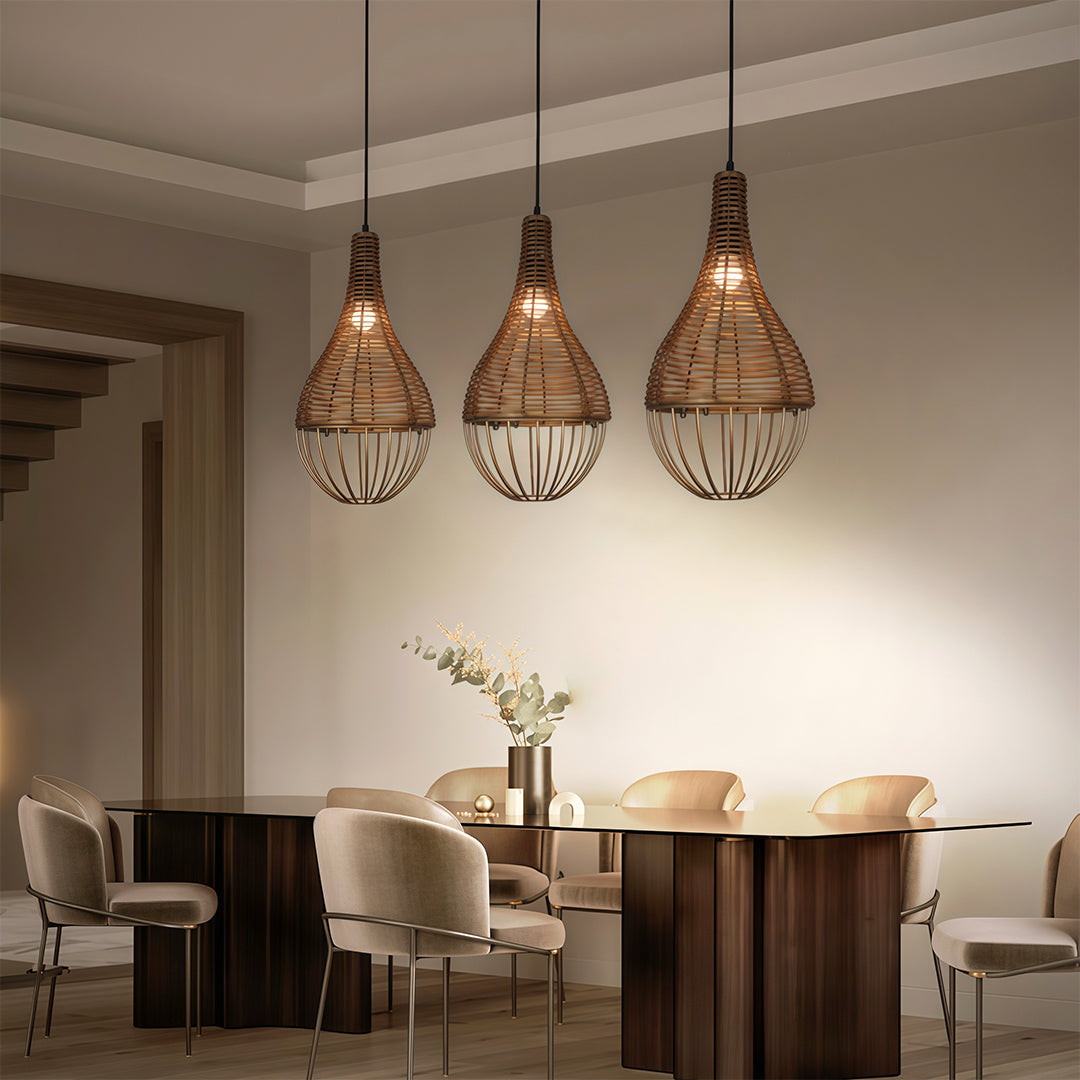 Retro Industrial Rattan Pendant — Brown Iron Frame, Handwoven Shade, 59.1" Adjustable Chain, LED E27, 7W, Warm White