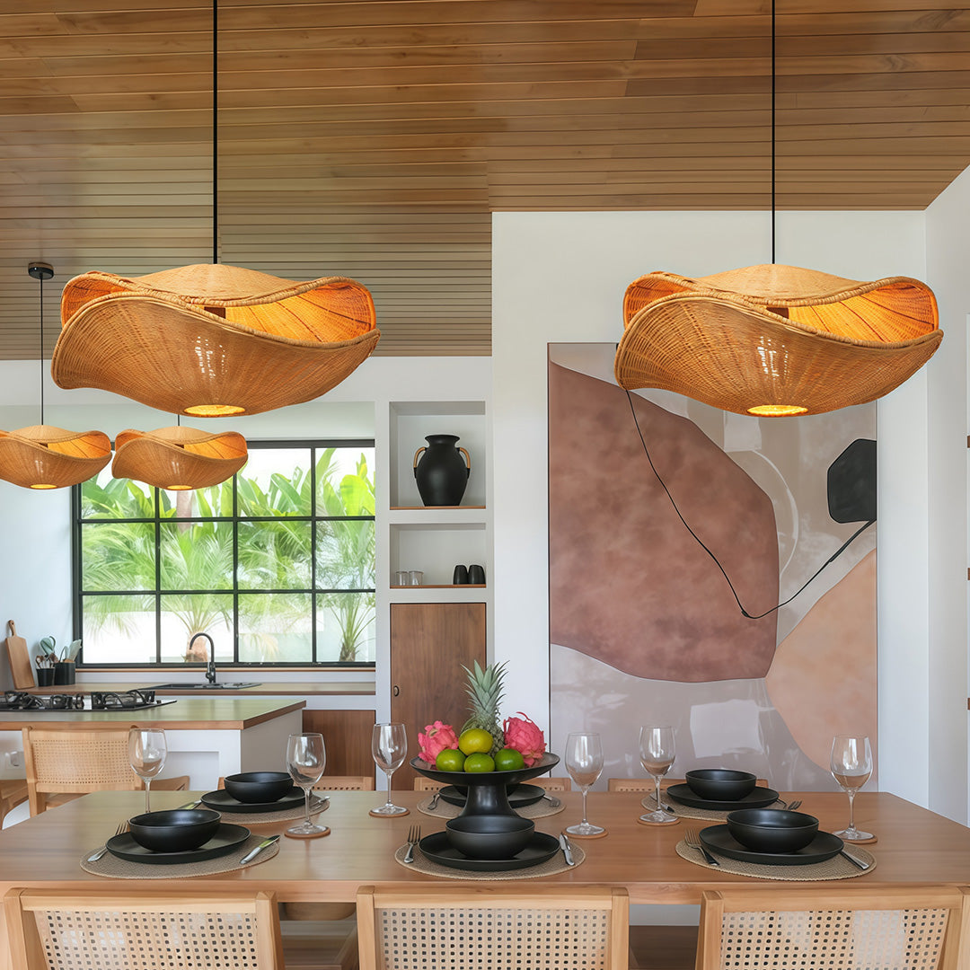 Wabi-Sabi Rattan Pendant Light — Hand-Woven, Iron Frame, 59.1" Adjustable Chain