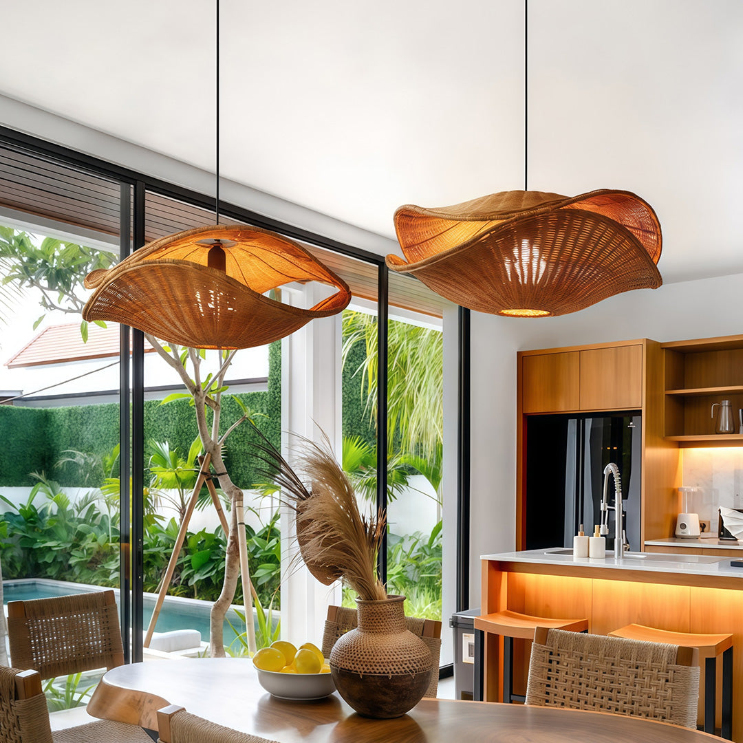Wabi-Sabi Rattan Pendant Light — Hand-Woven, Iron Frame, 59.1" Adjustable Chain