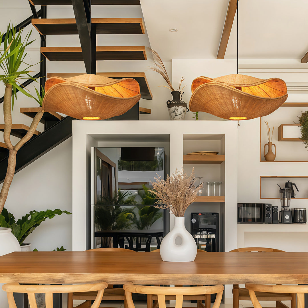 Wabi-Sabi Rattan Pendant Light — Hand-Woven, Iron Frame, 59.1" Adjustable Chain