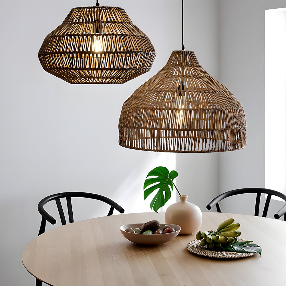 Rattan Wicker Chandelier — Rustic Modern, LED 3000K, Hardwired, 4 Sizes