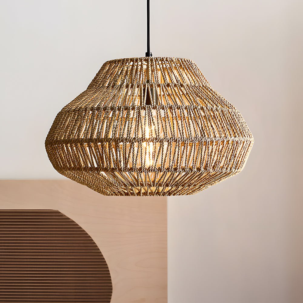 Rattan Wicker Chandelier — Rustic Modern, LED 3000K, Hardwired, 4 Sizes