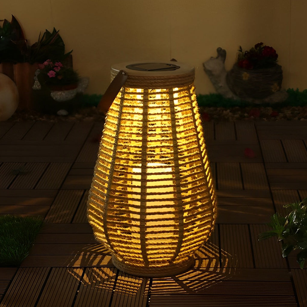 Woven Rattan Solar Portable Lantern — Brown, LED 3W, 6000mAh, IP65 Weatherproof, Hemp Rope Hanging