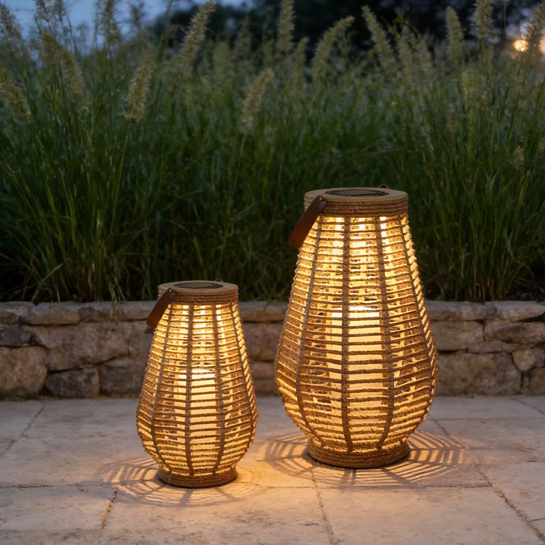 Woven Rattan Solar Portable Lantern — Brown, LED 3W, 6000mAh, IP65 Weatherproof, Hemp Rope Hanging