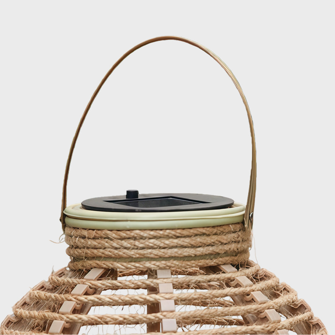 Woven Rattan Solar Portable Lantern — Brown, LED 3W, 6000mAh, IP65 Weatherproof, Hemp Rope Hanging