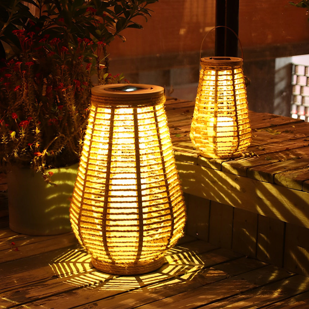 Woven Rattan Solar Portable Lantern — Brown, LED 3W, 6000mAh, IP65 Weatherproof, Hemp Rope Hanging