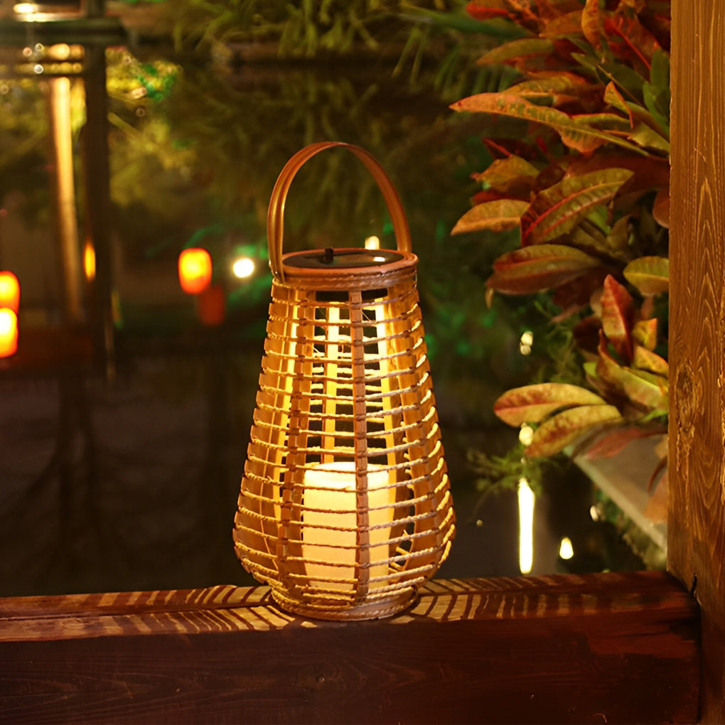 Woven Rattan Solar Portable Lantern — Brown, LED 3W, 6000mAh, IP65 Weatherproof, Hemp Rope Hanging