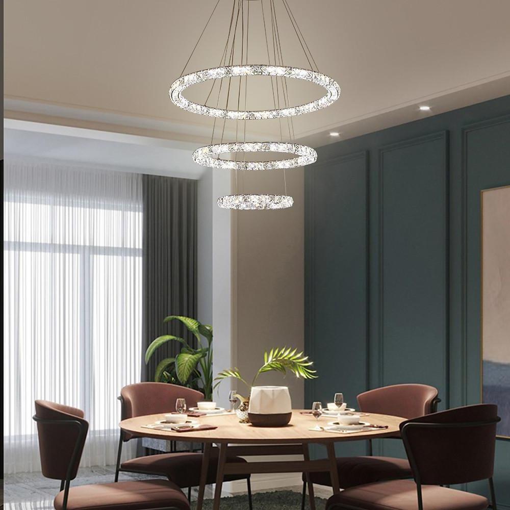 Tiered Crystal Ring Chandelier — Metal & Crystal, LED 3000K, 3-Ring or 4-Ring, 39" Adjustable Cord