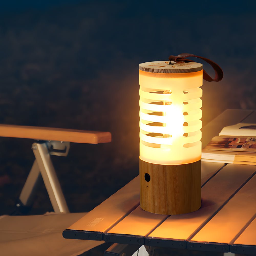 rechargeable led camping lantern with portable wood design and usb charging