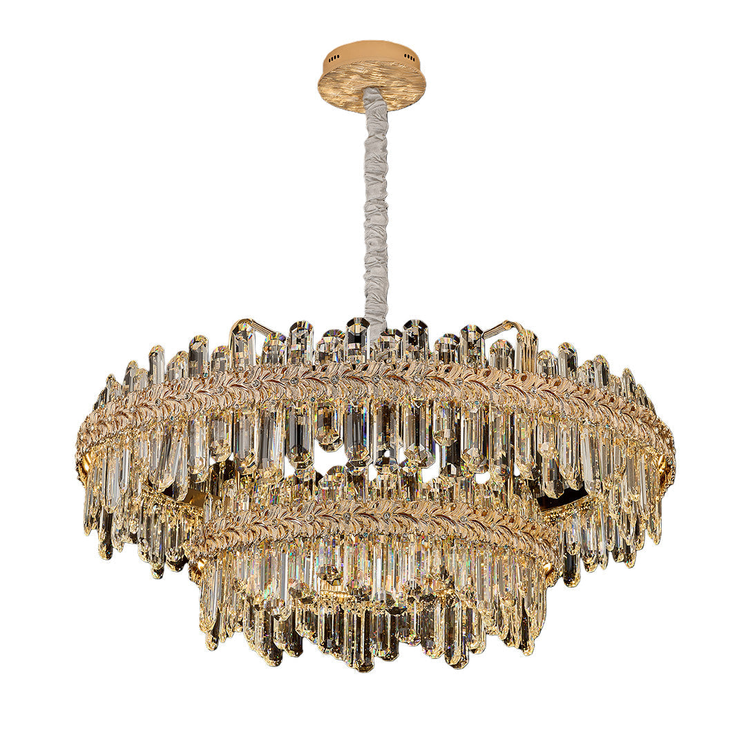 Crystal Chandelier — Champagne Gold-Plated Steel, Tri-Color LED, Single, Double, or Oval Layer, 6 Sizes
