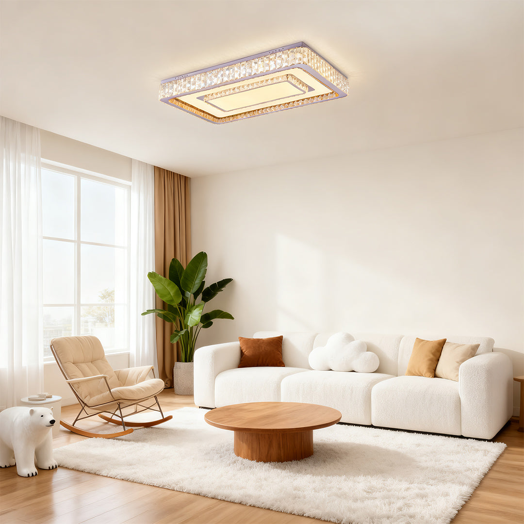 Modern Crystal Flush-Mount LED Light — Chrome Steel, 3-Step Dimming, Round/Square/Rectangle, 6 Sizes