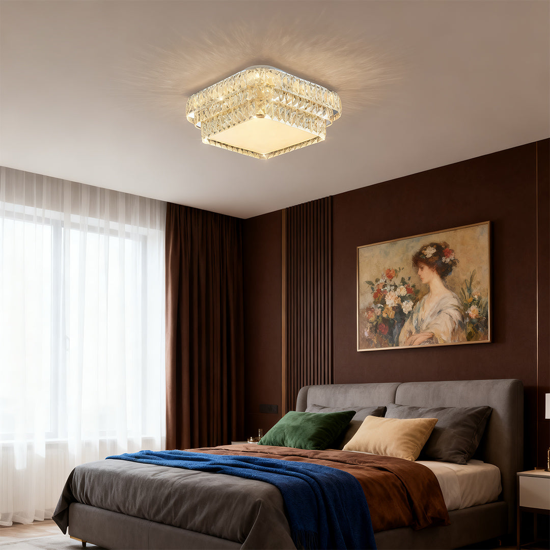 Crystal Flush-Mount Ceiling Light — Chrome Stainless Steel, LED, 3-Step Dimming (3000K/4500K/6000K), Round / Square / Rectangle