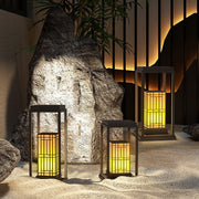 rectangular framed traditional asian outdoor light with patterned lampshade