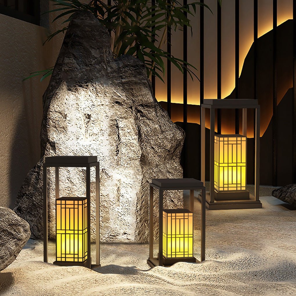 rectangular framed traditional asian outdoor light with patterned lampshade
