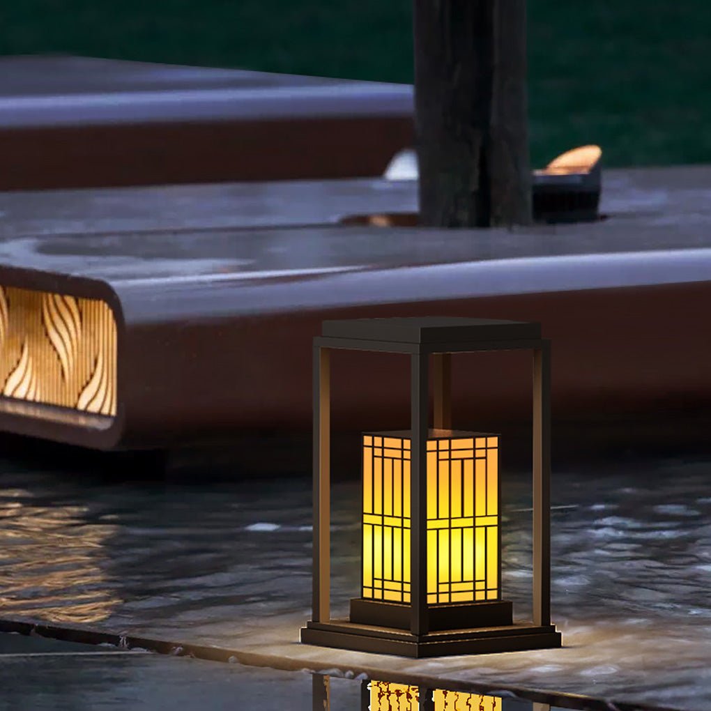 rectangular framed traditional asian outdoor light with patterned lampshade